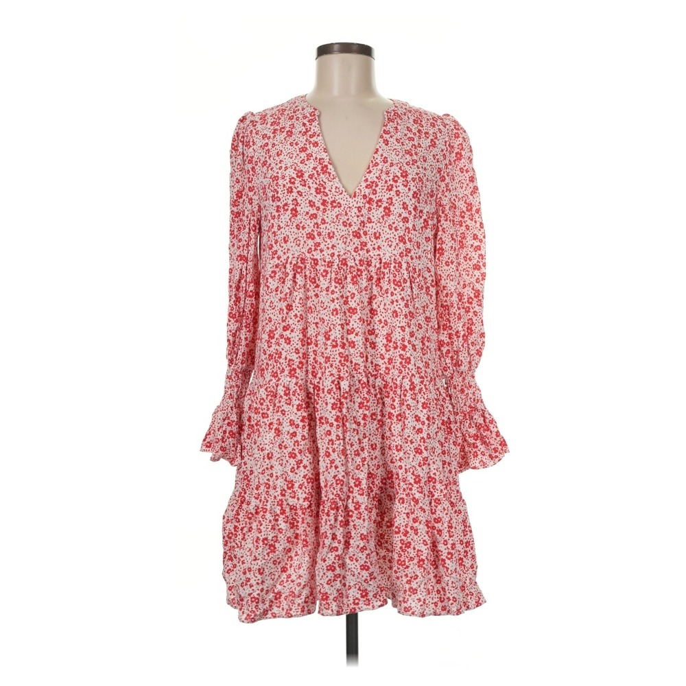 Pomander Place Red White Floral Tiered Mini Dress Long Sleeve Smocked Cuff M
